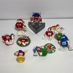 M&M collectors ornament set and transformers candy bank